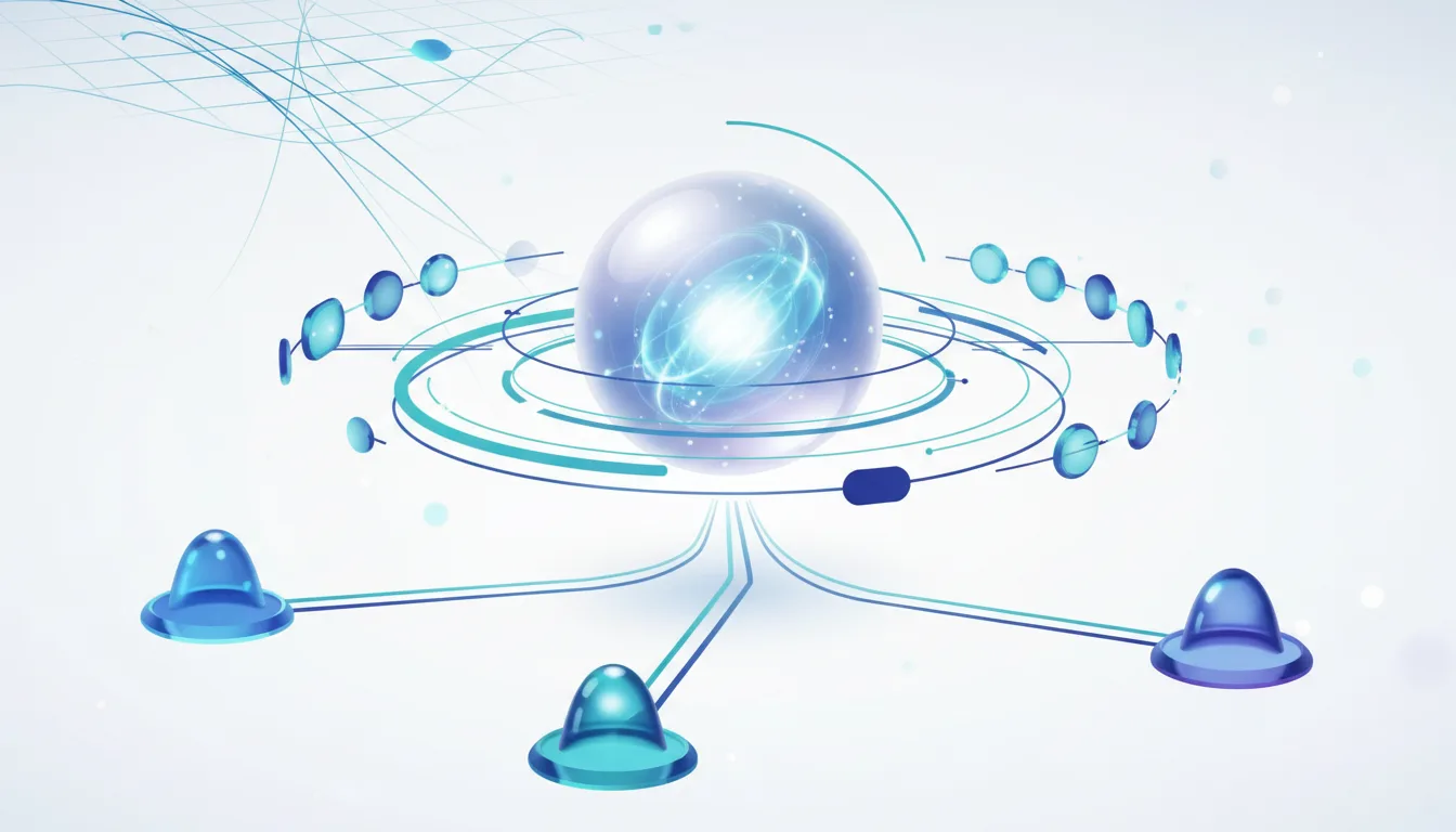Abstract visualization of a glowing sphere at the center of interconnected nodes and lines, representing AI technology and data flow.