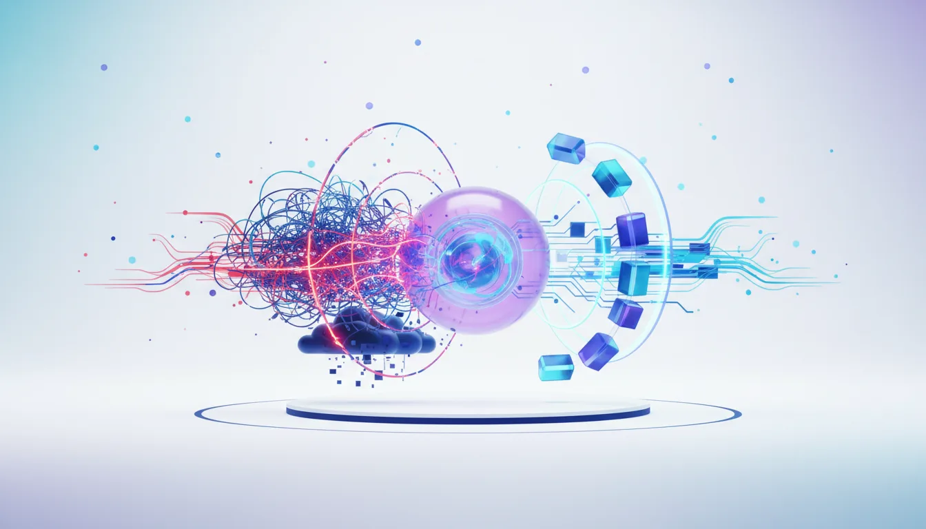 Abstract visualization of AI processing, showing data streams, a cloud, a central sphere, and cubes, representing Gemini 3.5 Pro's development challenges.