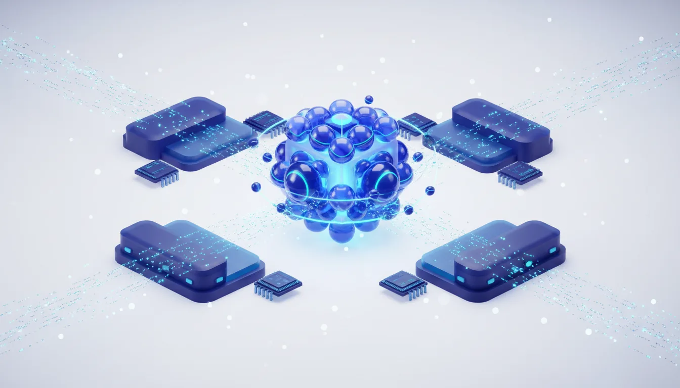 Abstract representation of AI processing with a central glowing sphere connected to multiple blue server-like units and microchips.