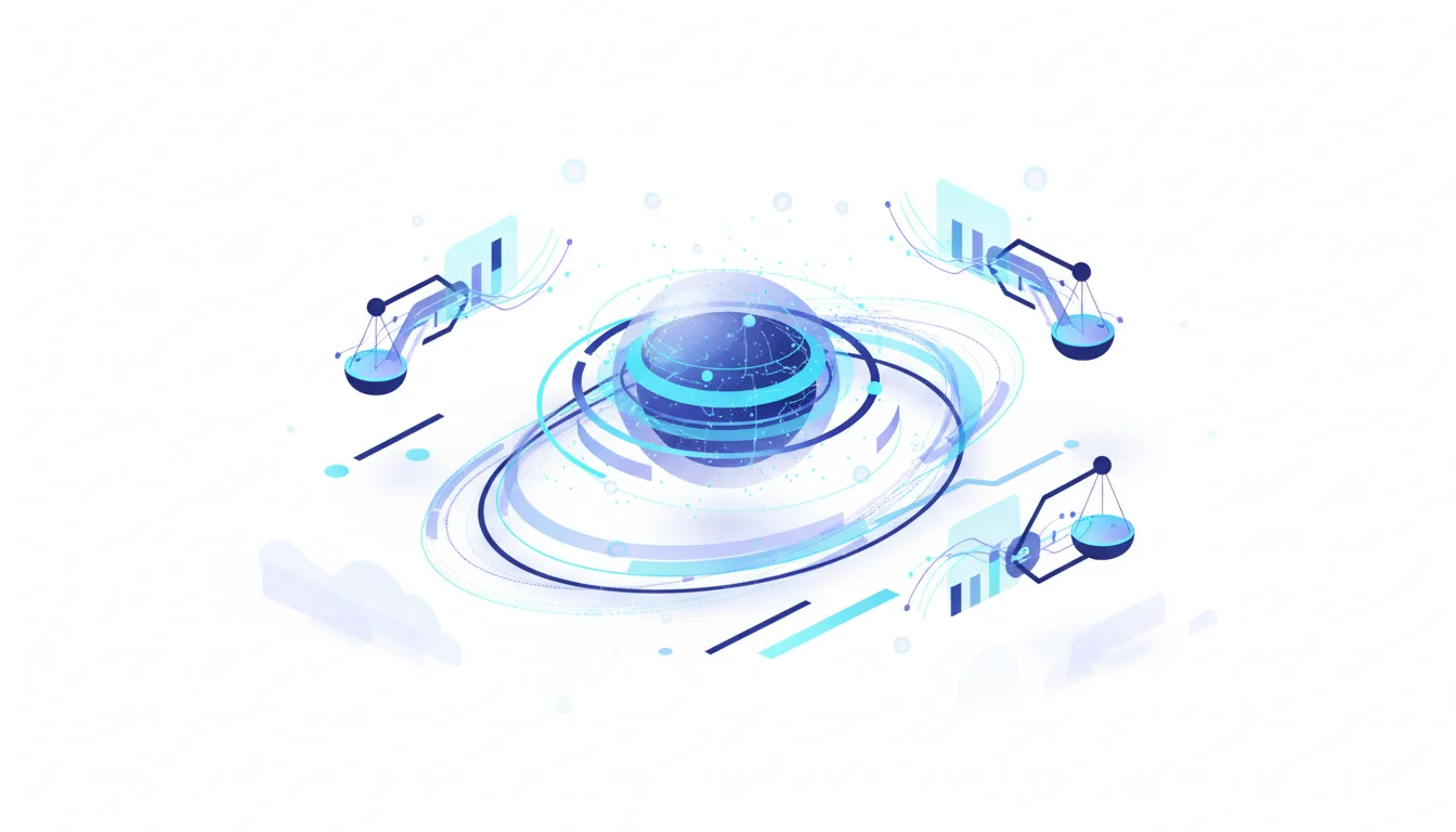 Abstract visualization of a glowing blue globe surrounded by orbital rings and robotic arms holding scales, representing AI model evaluation and balance.