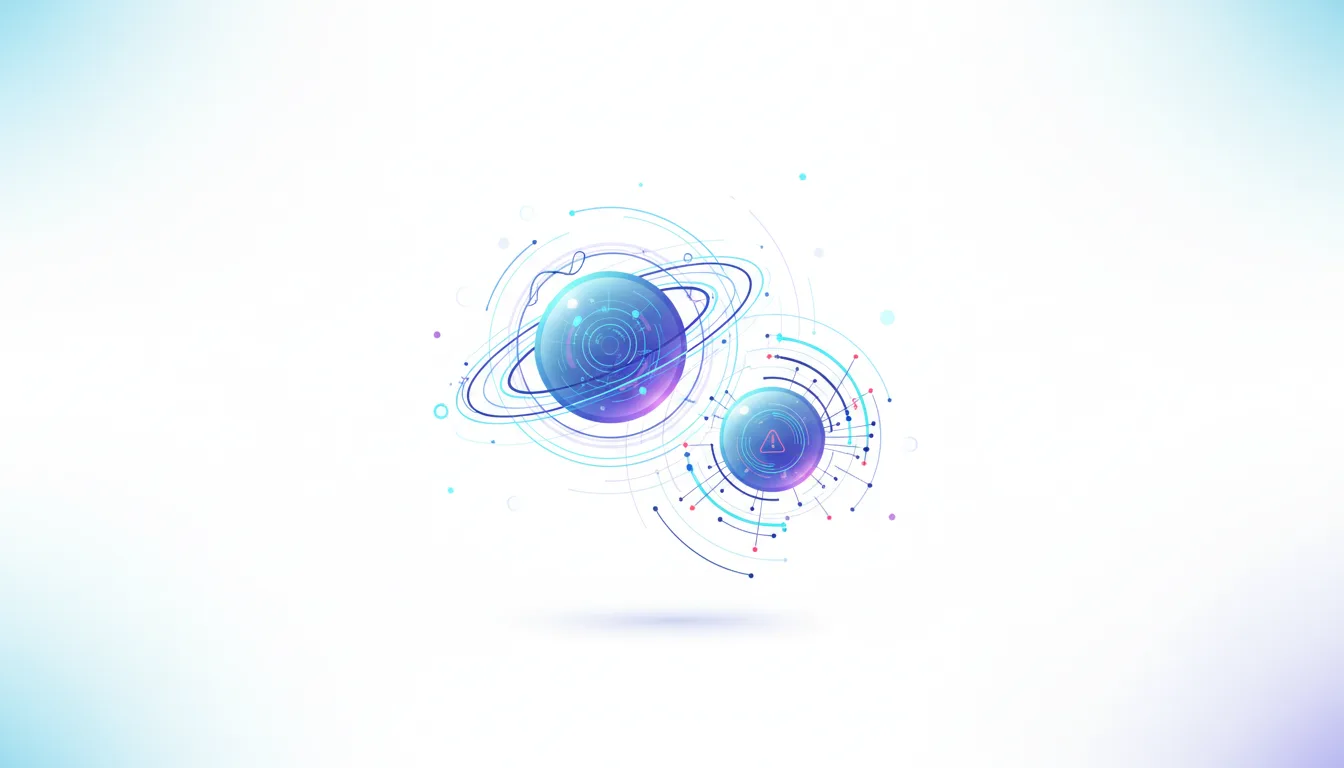 Abstract representation of two glowing spheres with orbiting rings and interconnected nodes, symbolizing AI and data networks.