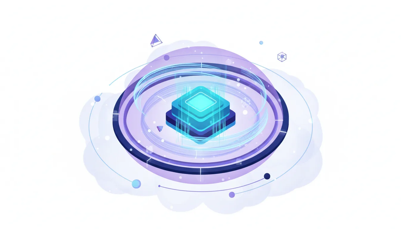 Abstract illustration of a glowing blue server core surrounded by purple rings and orbiting elements, representing AI infrastructure and cloud computing.
