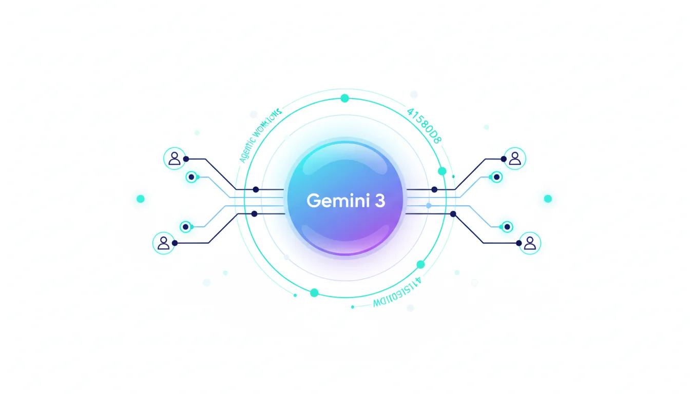 Gemini 3 AI model at the center of a network diagram, connecting to user icons, representing advanced agentic workflows and multimodal processing.