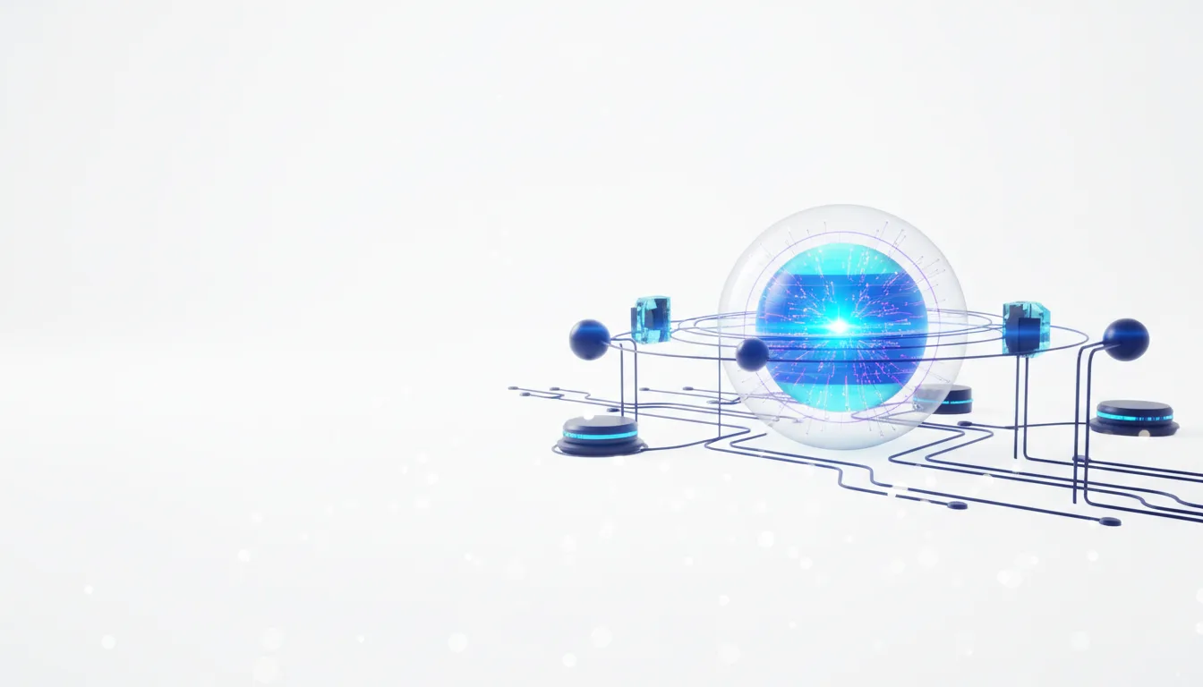 Abstract representation of Google's Gemini 3 Deep AI model with a glowing core, surrounded by futuristic nodes and circuitry on a white background.