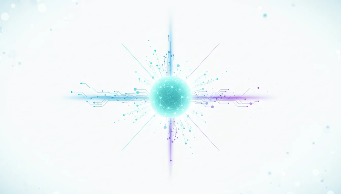 Abstract representation of a glowing blue sphere with interconnected nodes, radiating lines and circuit board patterns, symbolizing AI and advanced technology.
