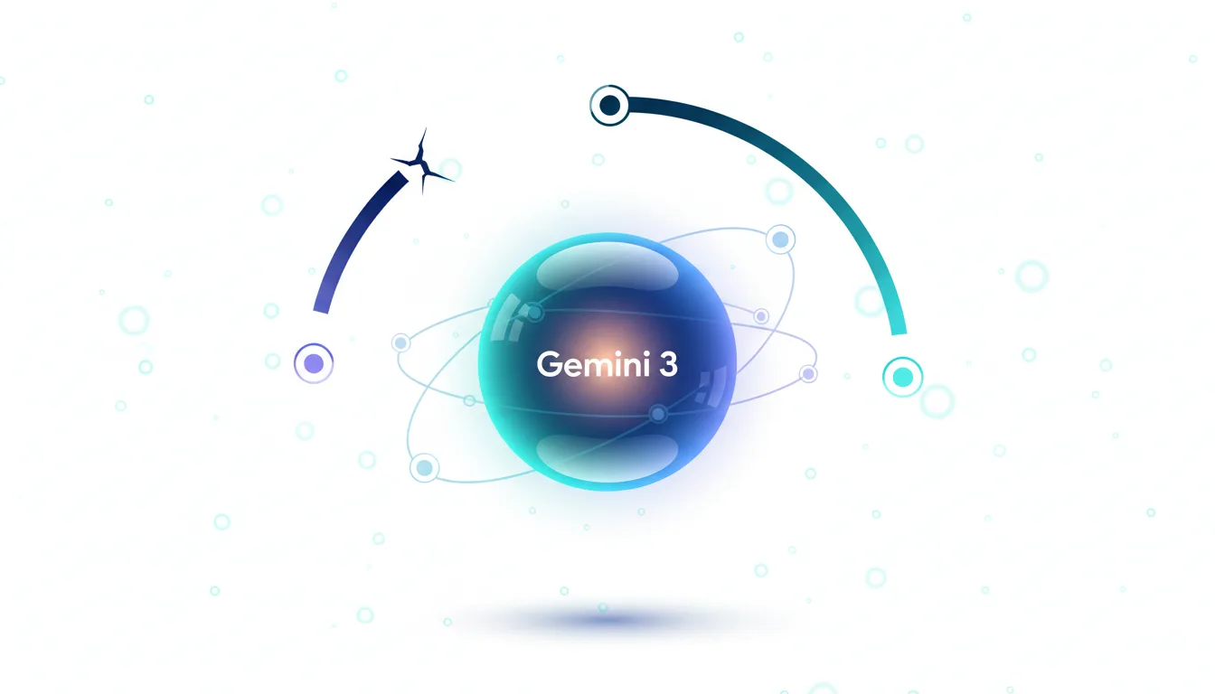 Abstract graphic representing Google's Gemini 3 AI model with a glowing sphere and orbiting elements.