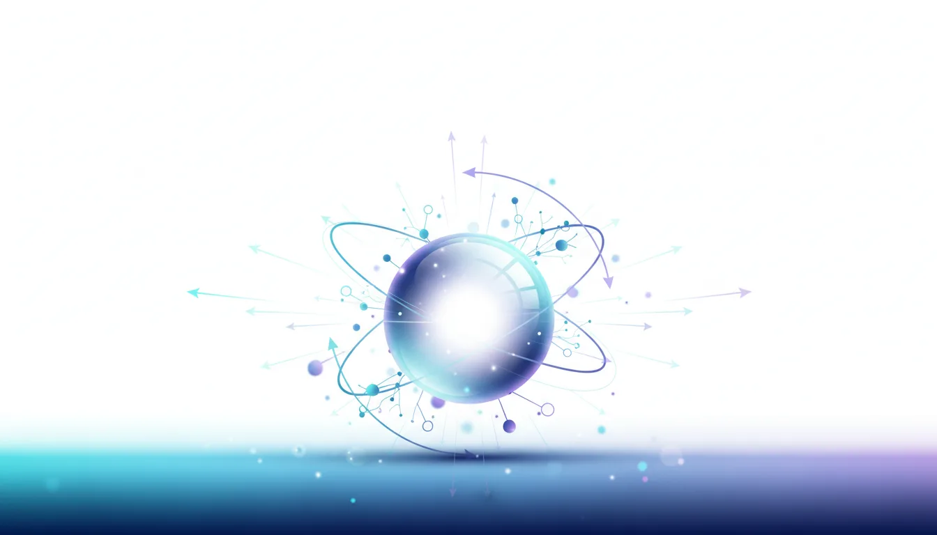 Abstract representation of a glowing sphere with orbiting rings and radiating lines, symbolizing AI technology and data flow.