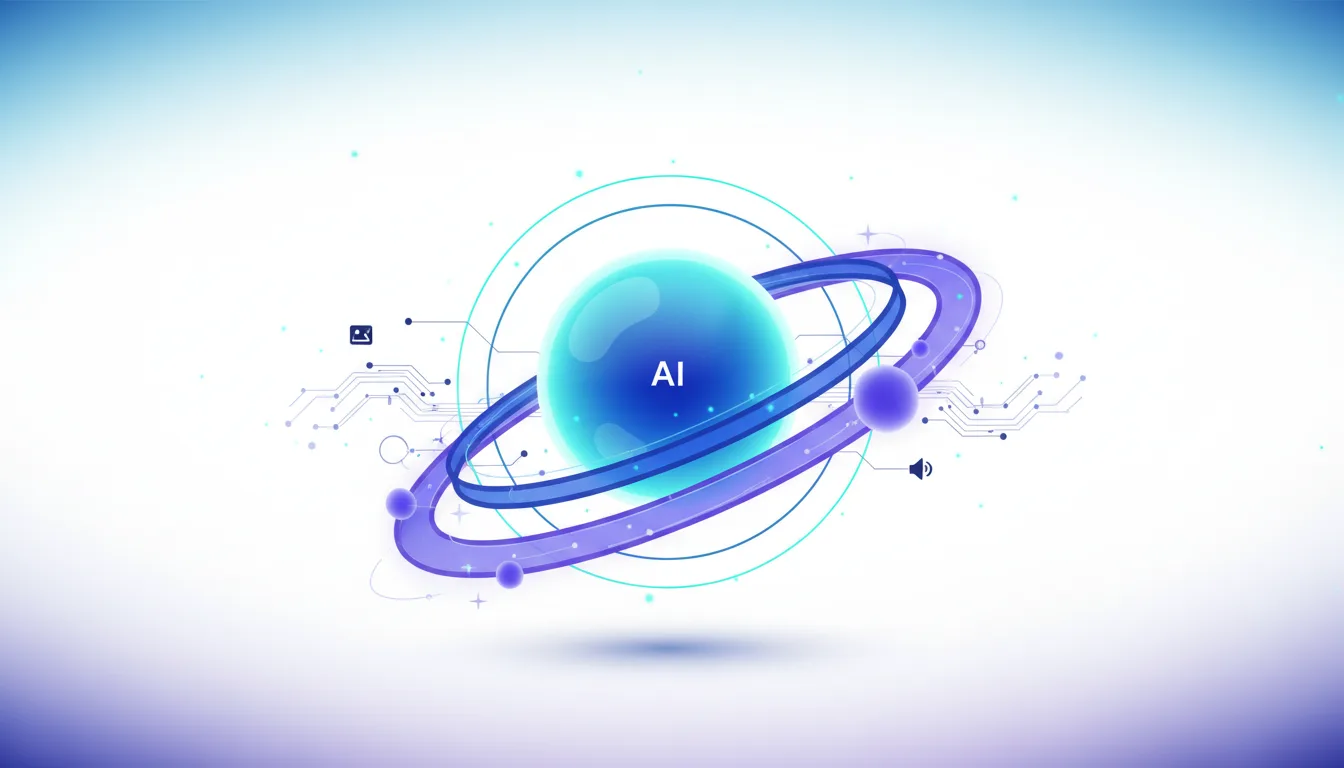 Abstract representation of AI with a central blue sphere labeled AI, surrounded by orbiting rings and smaller spheres, symbolizing advanced technology.