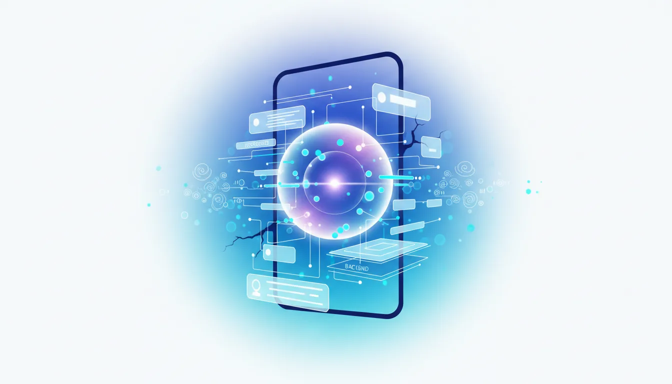 Abstract digital interface on a smartphone screen showcasing AI-driven code generation and app development concepts.