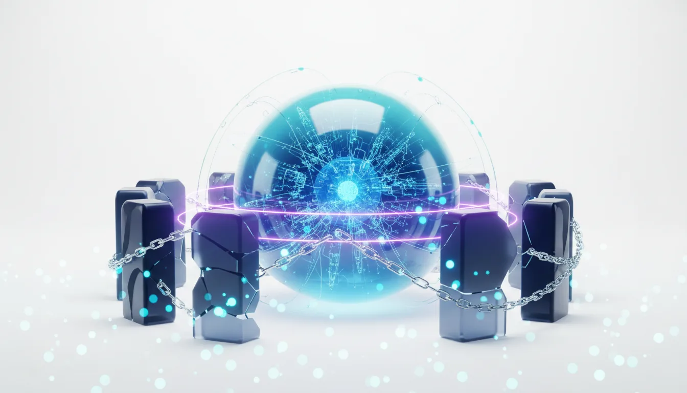 A glowing blue sphere representing AI technology is chained and restricted by broken pillars, symbolizing access limitations.