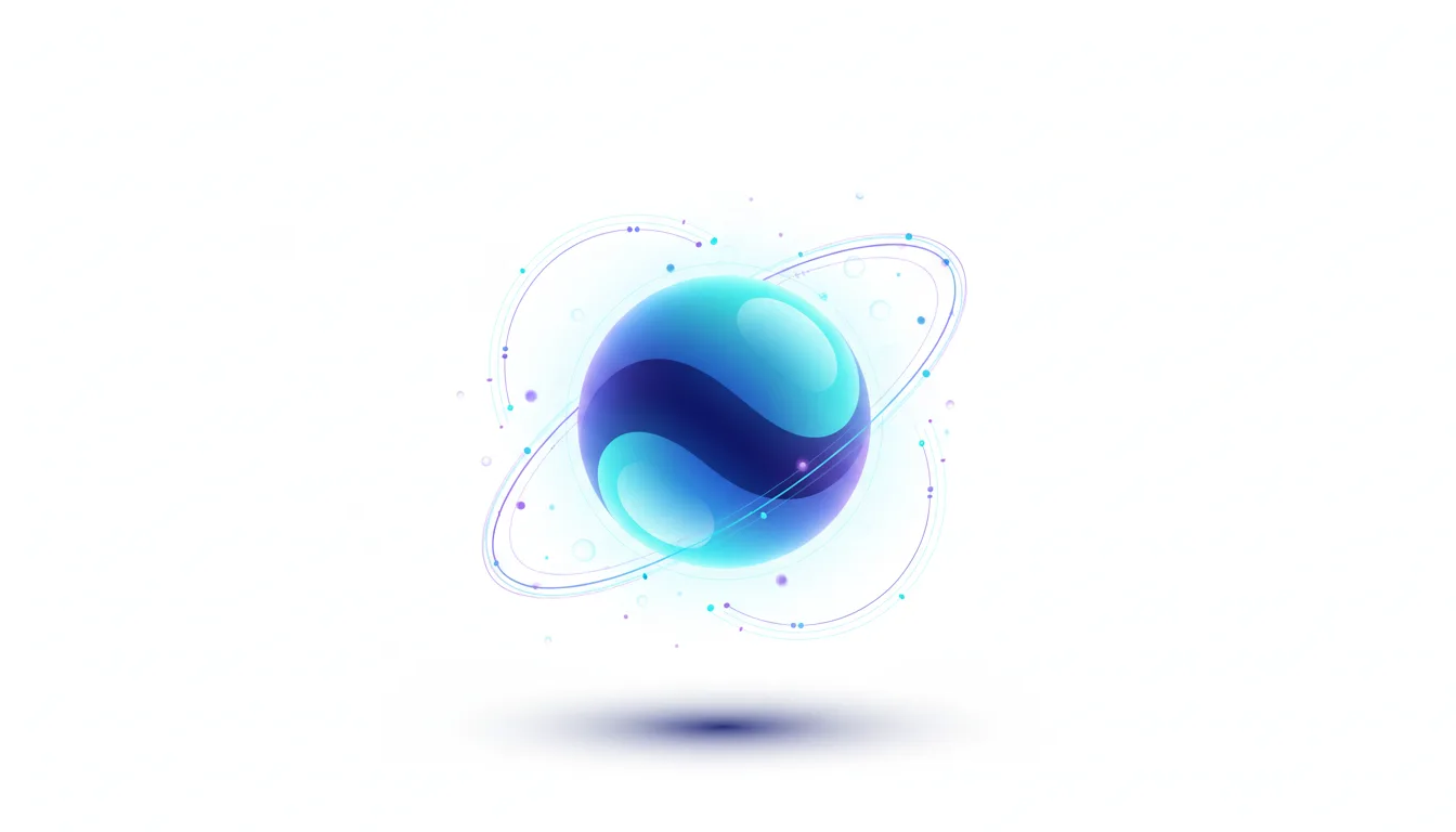 Abstract blue sphere with orbiting rings and particles, representing advanced AI technology and efficiency gains.
