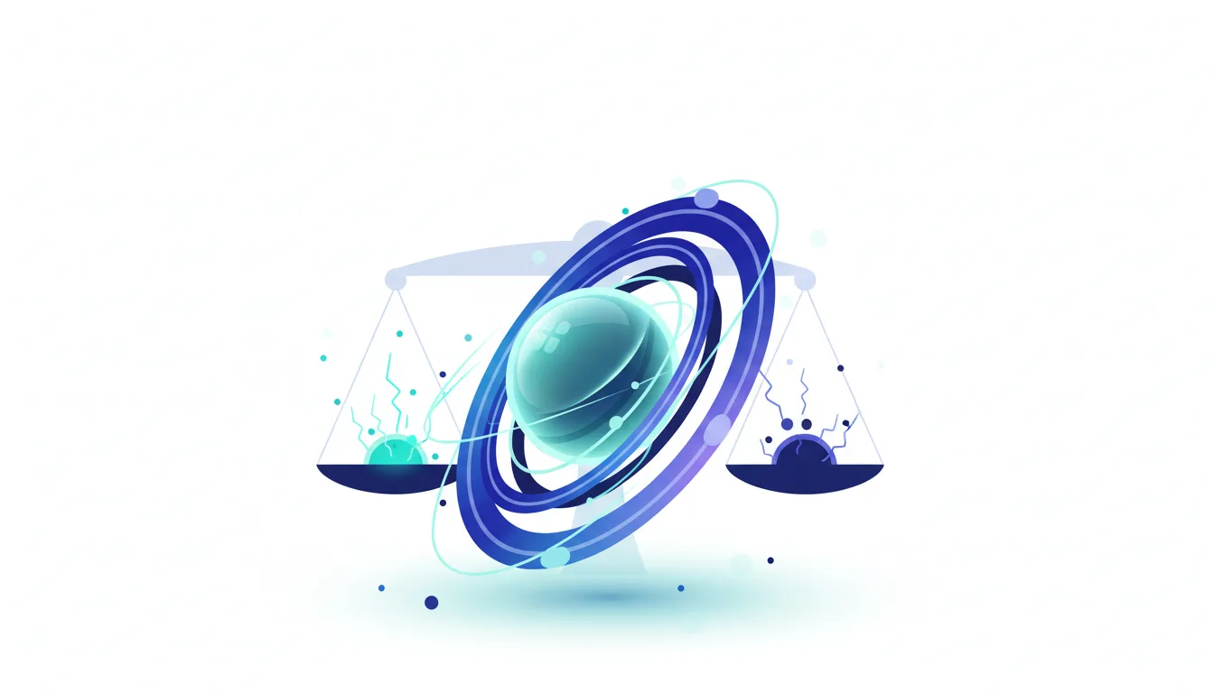 Abstract illustration of a balance scale weighing a glowing atom against a stylized planet with rings, representing AI model performance and cost.