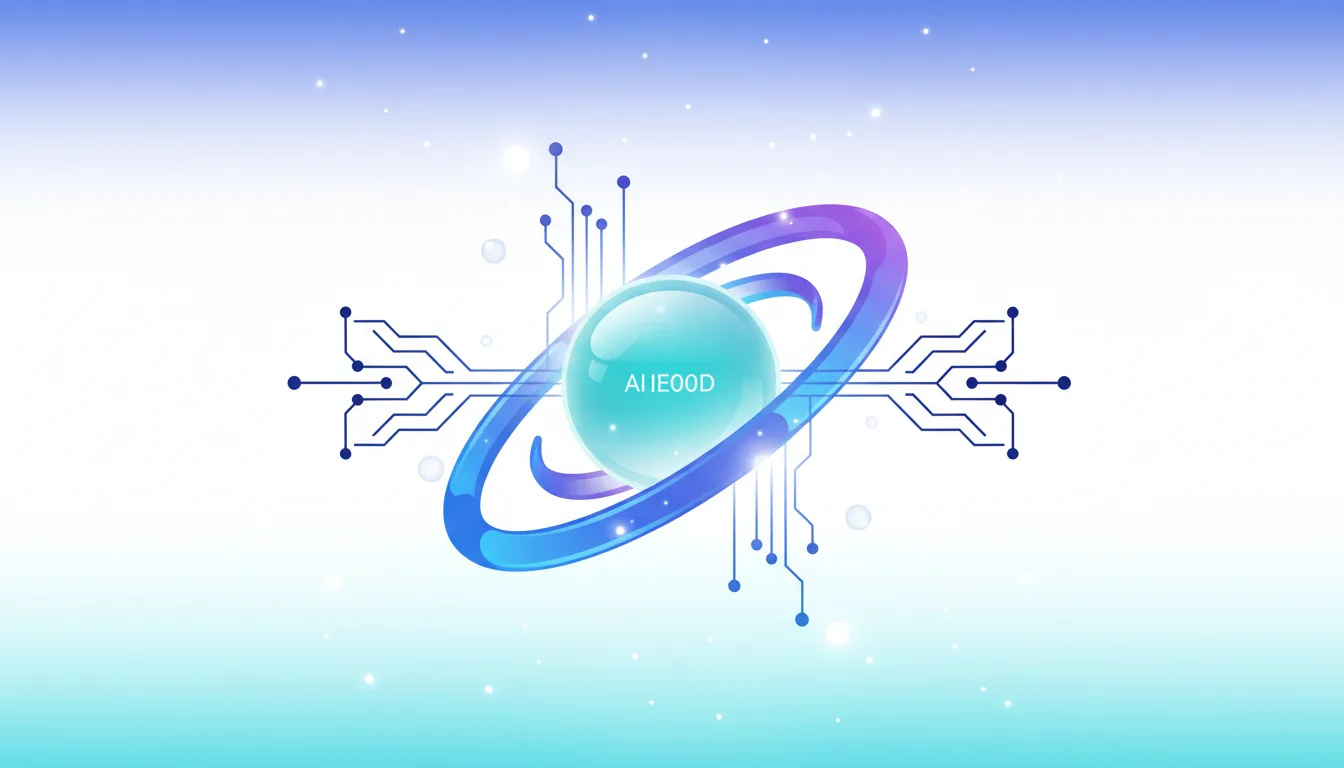 Abstract digital art depicting a glowing sphere labeled AI IE00D at the center of orbiting rings and connected by circuit board lines.