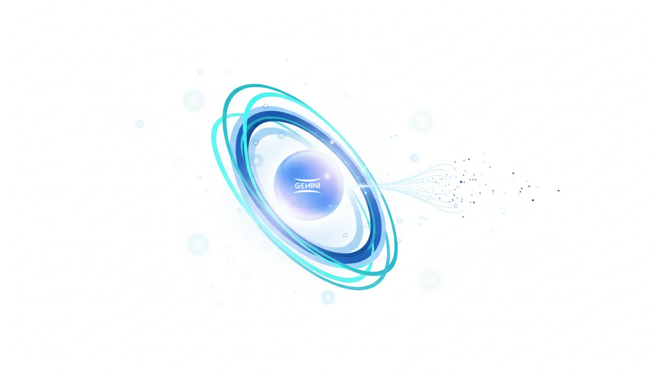 Abstract blue rings orbit a glowing sphere labeled Gemini, representing Google's ad-free AI monetization strategy.