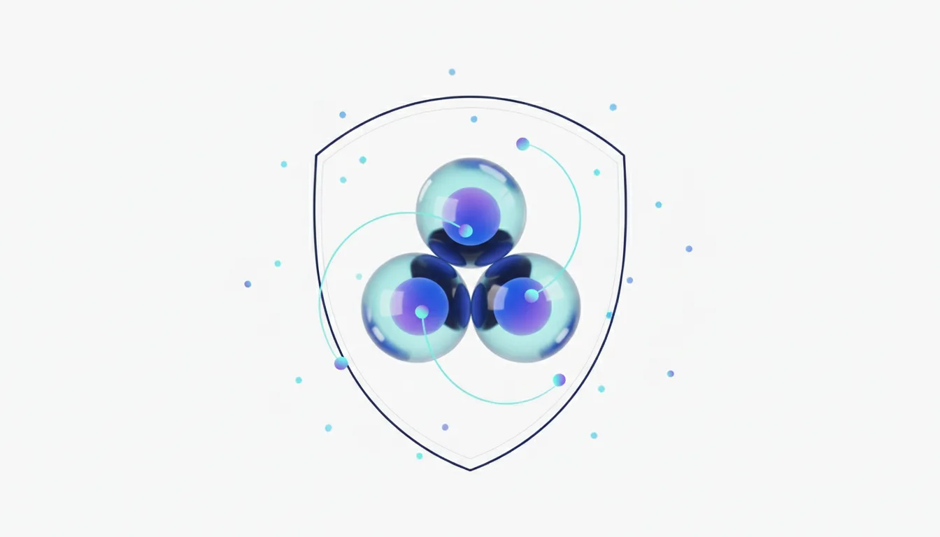 Abstract representation of three interconnected spheres within a shield, symbolizing secure AI agents for enterprise.
