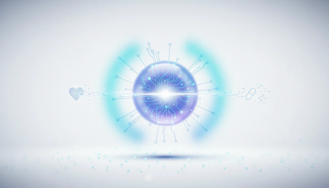 Abstract digital sphere with circuit board patterns, representing AI, connected to health symbols like a heart and a pill.