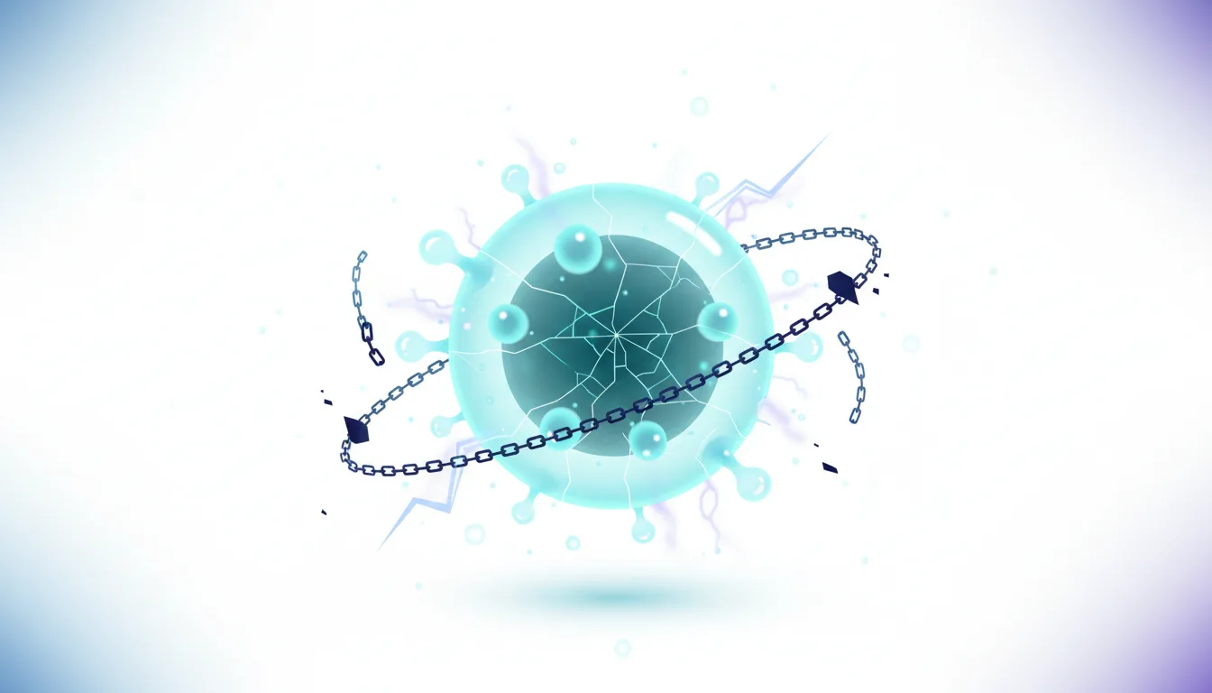Abstract representation of a cracked, glowing sphere with chains breaking apart, symbolizing AI guardrails failing.