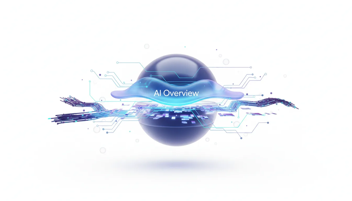 Abstract visualization of AI Overview technology with glowing circuits and data streams