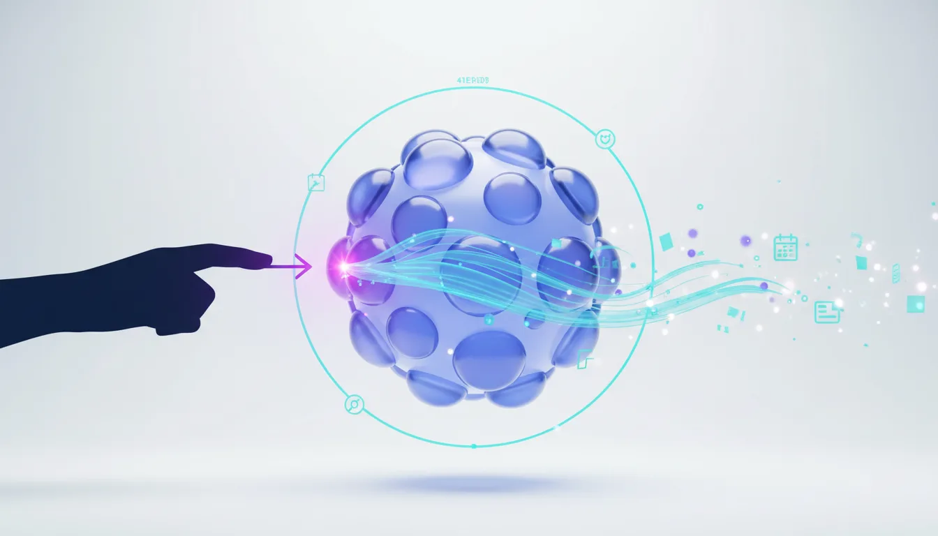 Silhouette of a finger pointing at a glowing orb, symbolizing AI interaction and potential data exfiltration with digital icons representing calendar and documents.