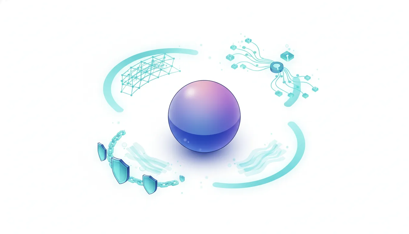 Abstract visualization of AI agent features: a central sphere surrounded by network nodes, security shields, and data flow diagrams.