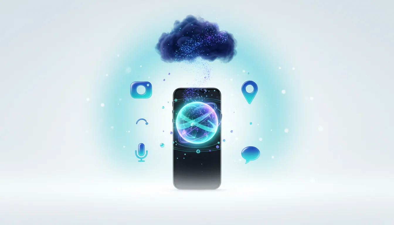 Smartphone displaying a glowing orb, connected to a cloud and various app icons representing social media, location, and communication.