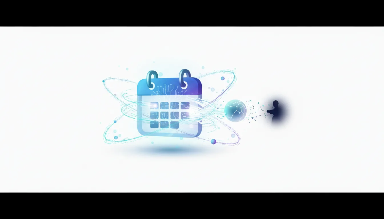 Stylized calendar icon with orbiting particles and a shadowy figure interacting with a digital sphere, representing AI security risks.