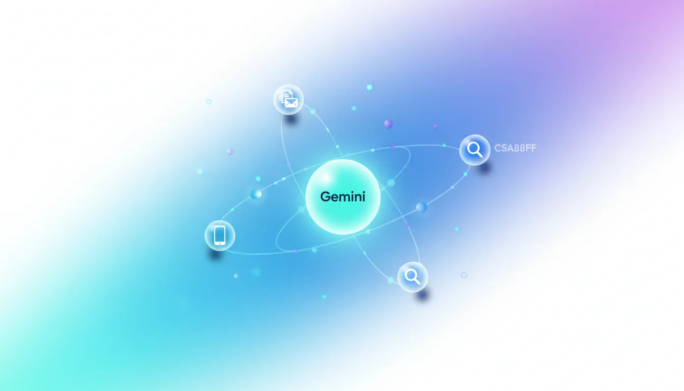 Abstract illustration of Google Gemini AI with orbiting icons for search, email, and mobile devices.