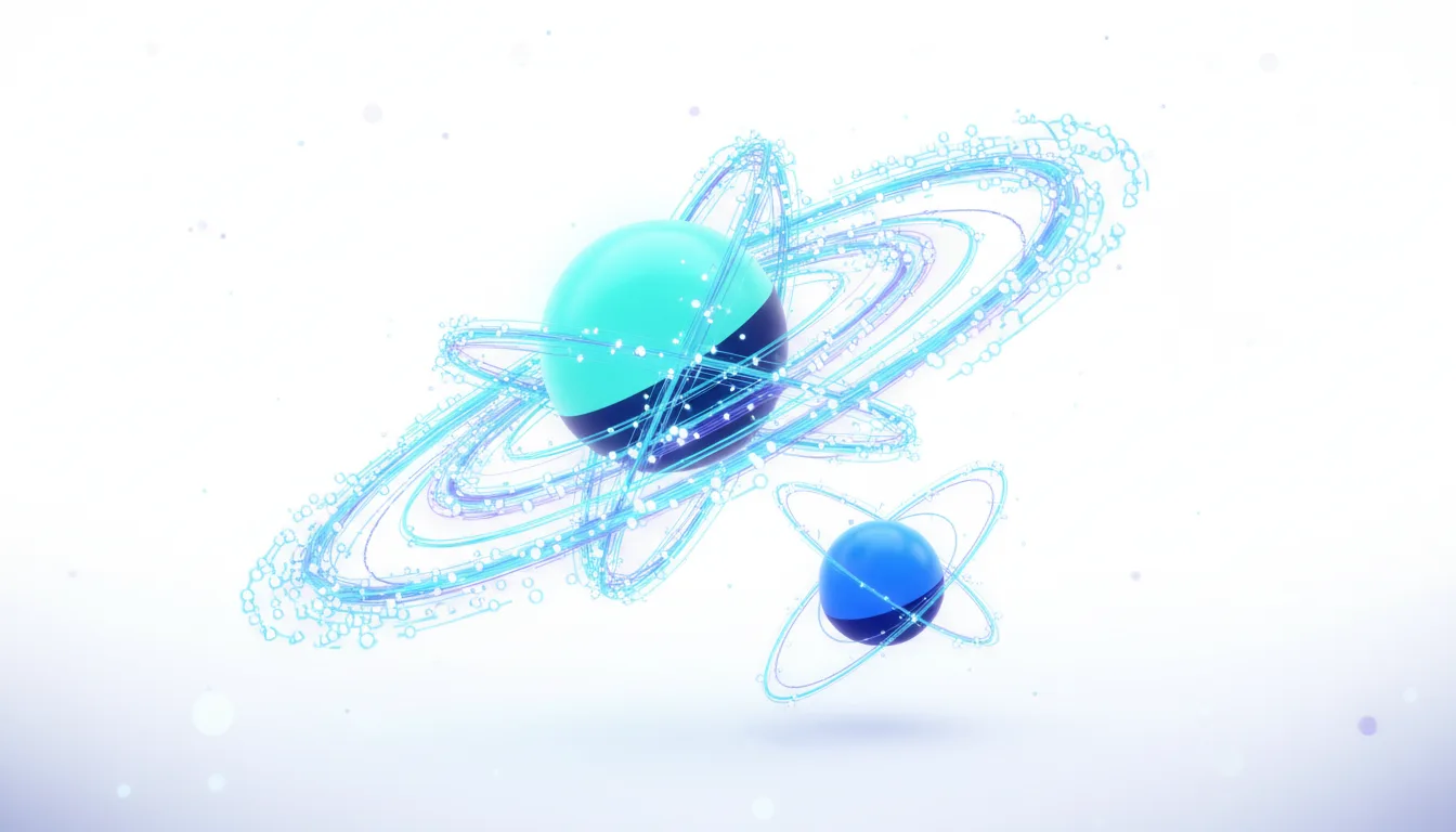 Abstract representation of two spheres with orbiting rings, symbolizing AI models like Gemini and ChatGPT competing in the market.