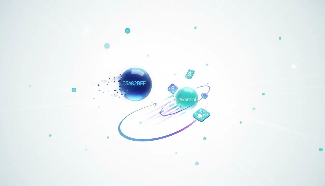 Abstract representation of Google Gemini AI, labeled 4Gemini, interacting with a blue sphere labeled C5A82BFF, symbolizing the competition in mobile AI.