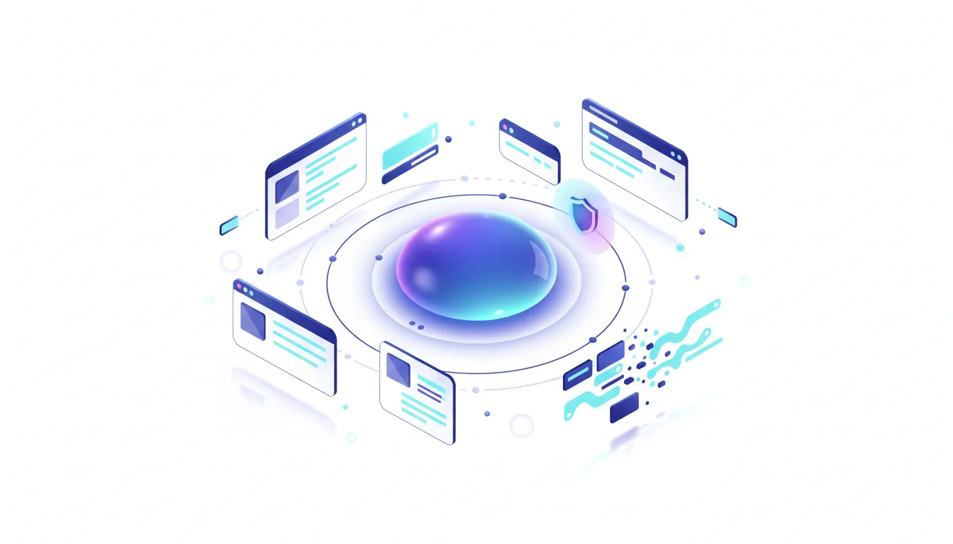 Abstract visualization of AI automation with a central orb surrounded by digital interfaces and data streams.