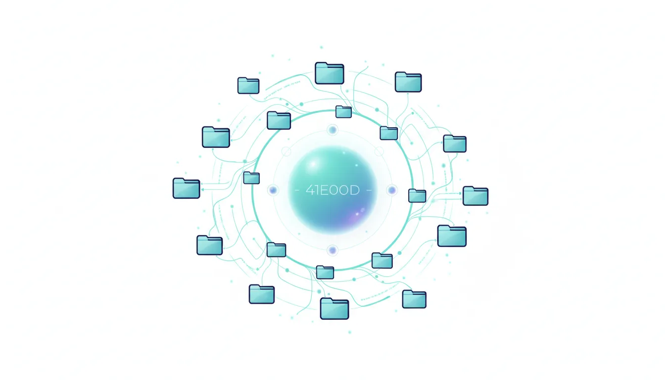Abstract visualization of a central node labeled 41EOOD connected to multiple folder icons representing a codebase structure.