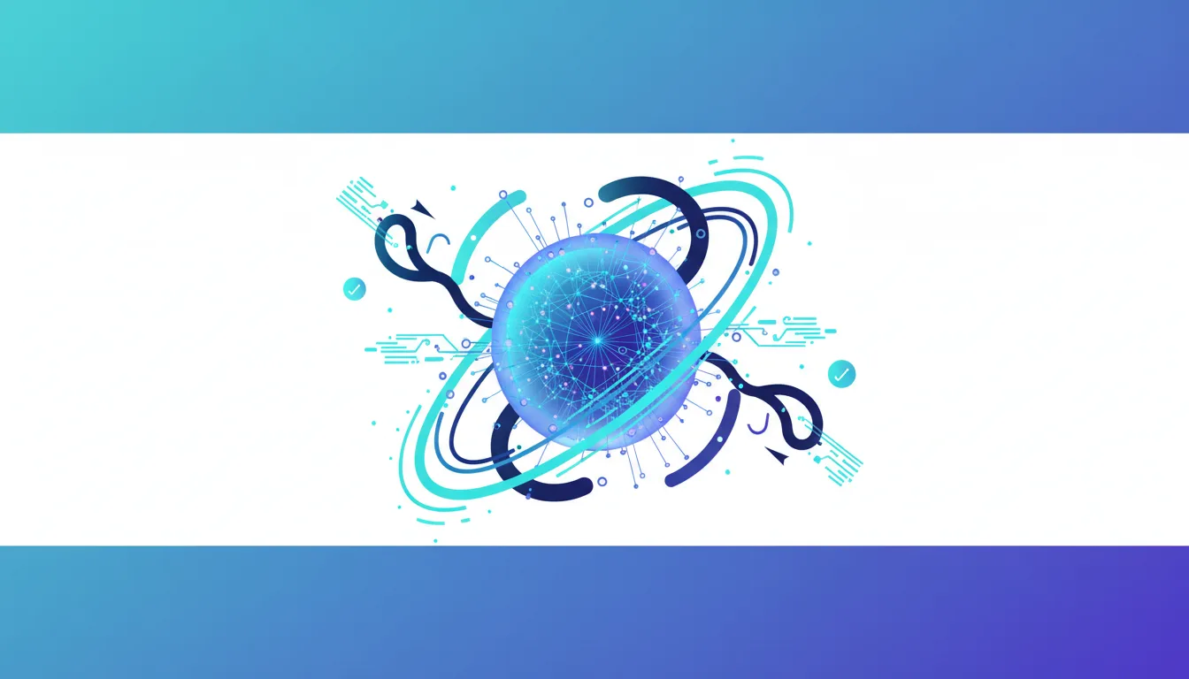 Abstract digital sphere with interconnected nodes and orbiting lines, representing AI and cyber threats.