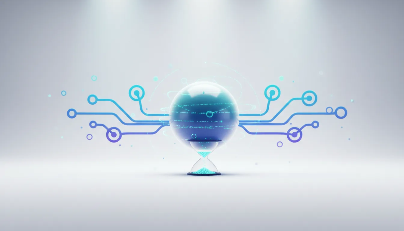 Hourglass with a glowing digital sphere and circuit board patterns symbolizing AI's deliberate reasoning process.