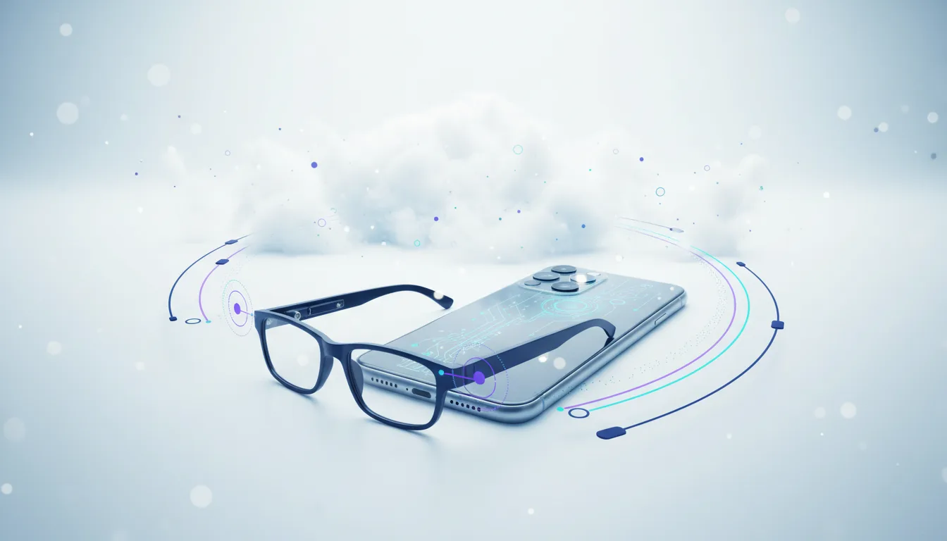 Smart glasses and smartphone connected by digital lines and clouds, representing on-device AI integration.