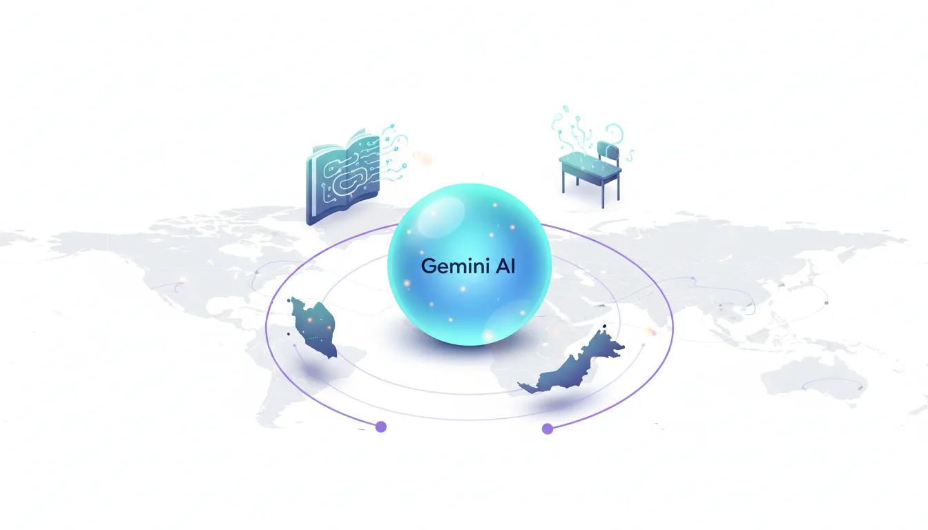 Gemini AI sphere at the center of a world map with icons representing education and Malaysia, highlighting global AI integration in schools.