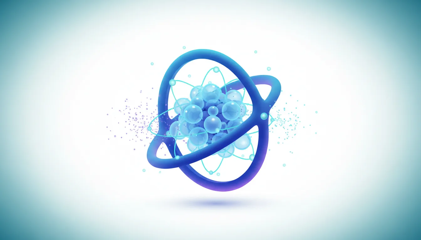 Abstract atomic structure with blue orbiting rings and a cluster of translucent spheres at the core, representing AI technology.