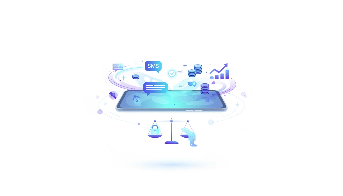 Illustration of a smartphone displaying SMS bubbles and financial charts, symbolizing AI expense tracking and data analysis.