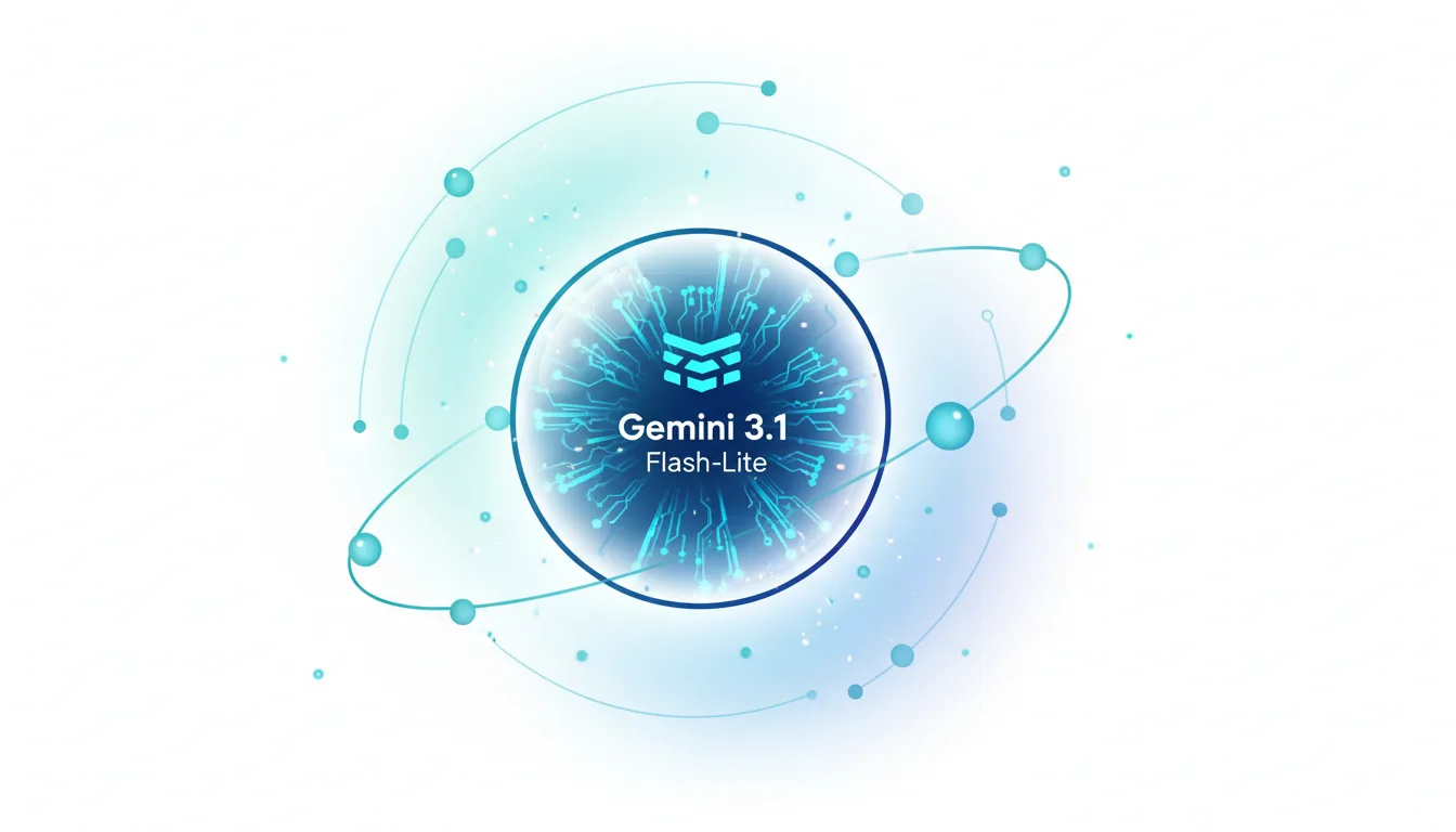 Gemini 3.1 Flash-Lite AI model logo with circuit board design and orbiting particles, representing speed and connectivity.