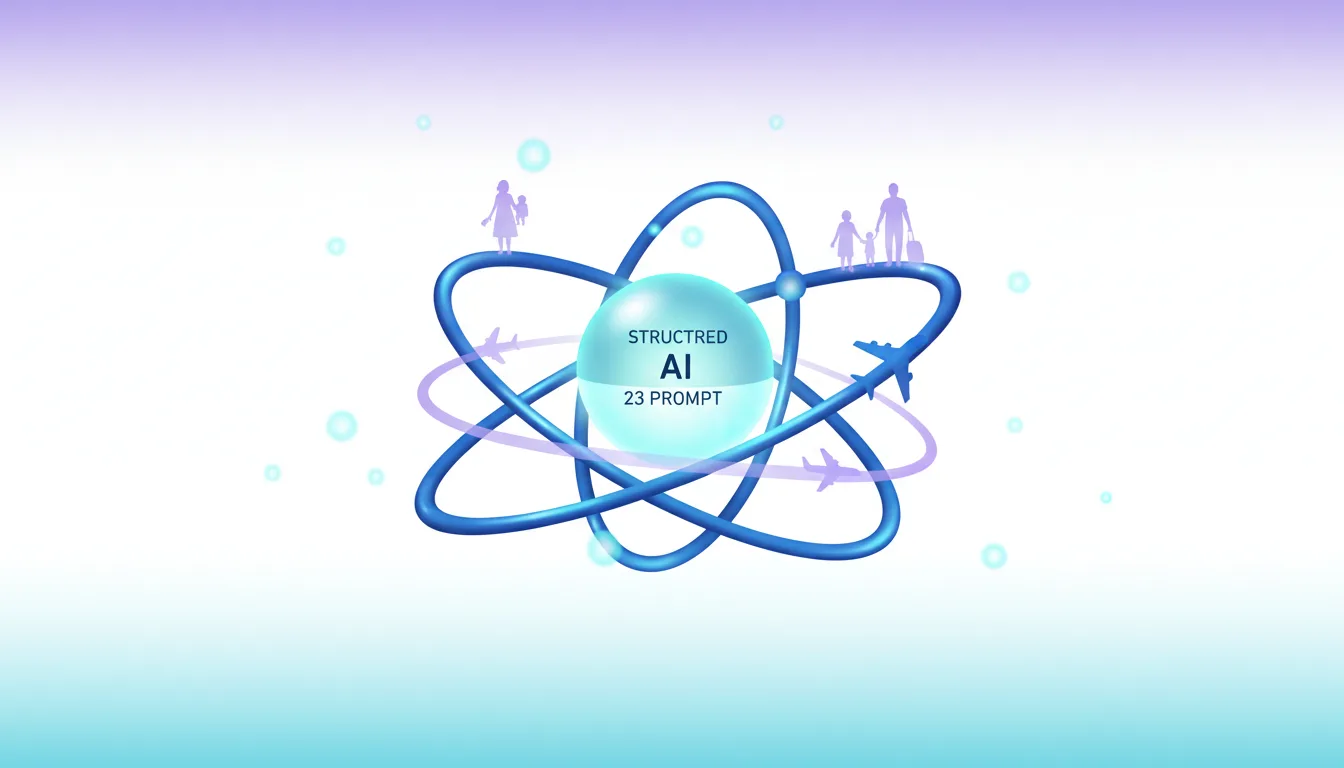 Abstract atom model with "Structured AI 23 Prompt" in the core, surrounded by orbits with family silhouettes and airplanes, symbolizing AI travel planning.