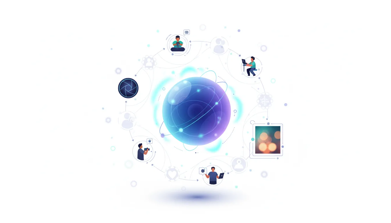 Abstract network of users interacting with a glowing globe, symbolizing the Gemini Folkloric API and its creative applications.