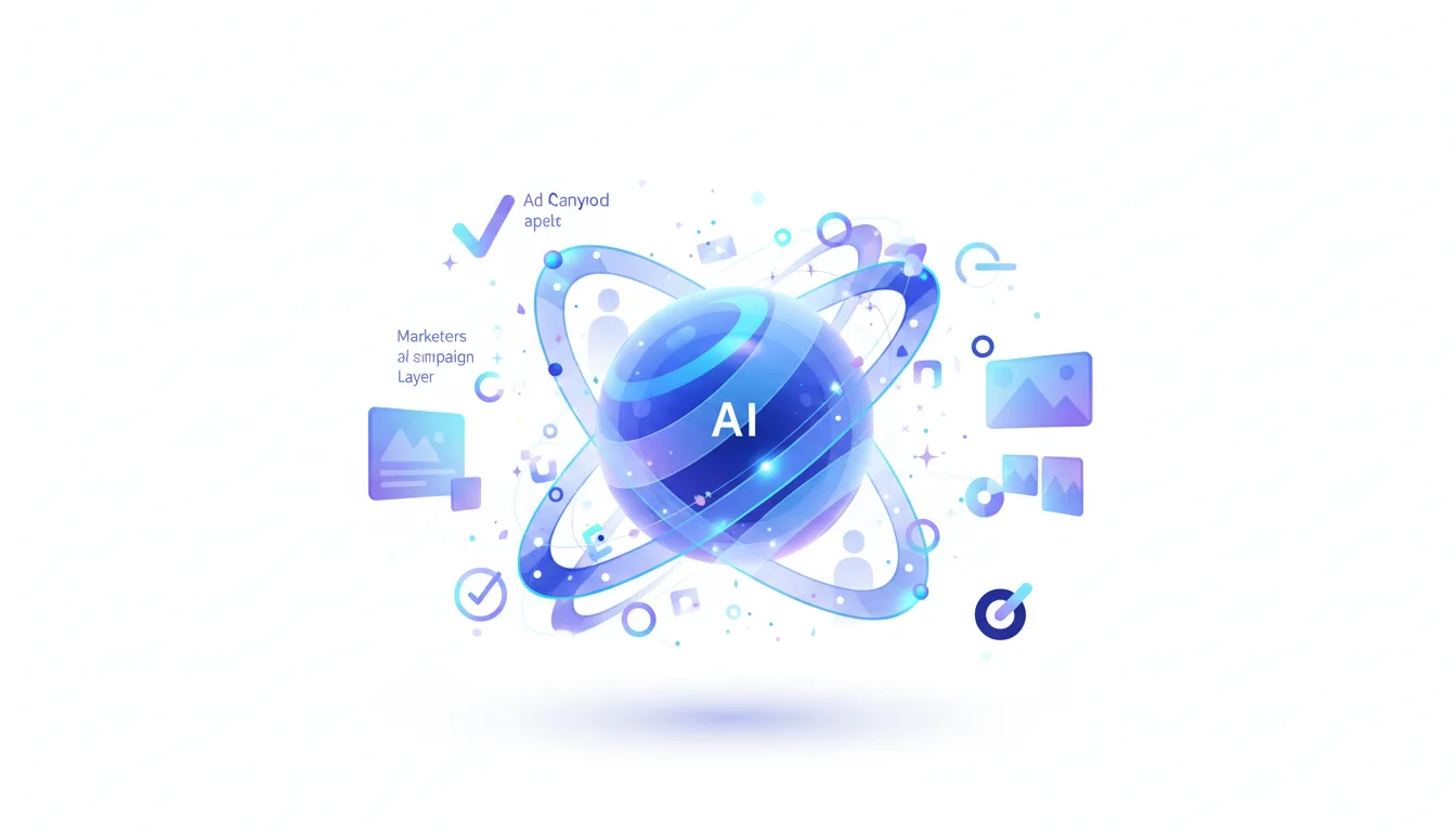 Abstract AI sphere with orbiting rings and icons representing marketing, data, and campaign elements.