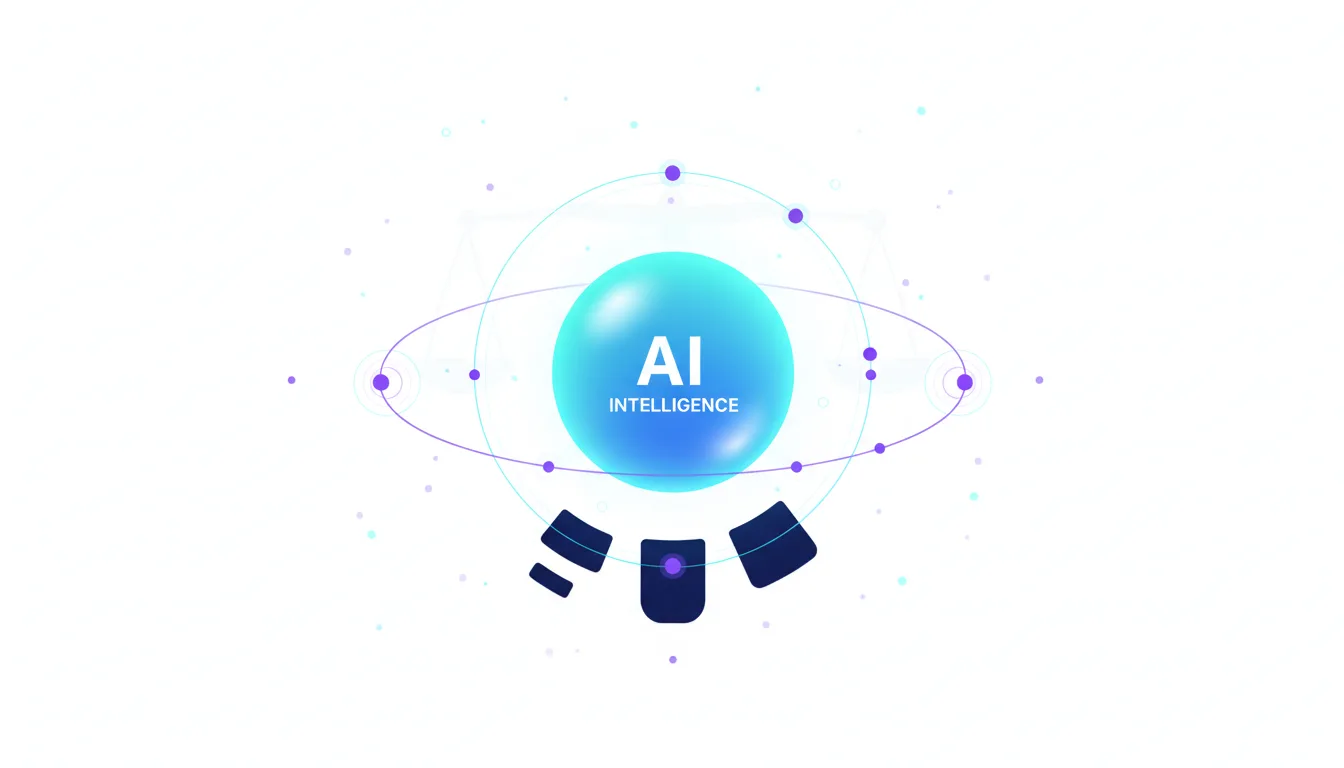 Abstract visualization of AI intelligence with a central glowing sphere and orbiting elements, representing advanced technology.