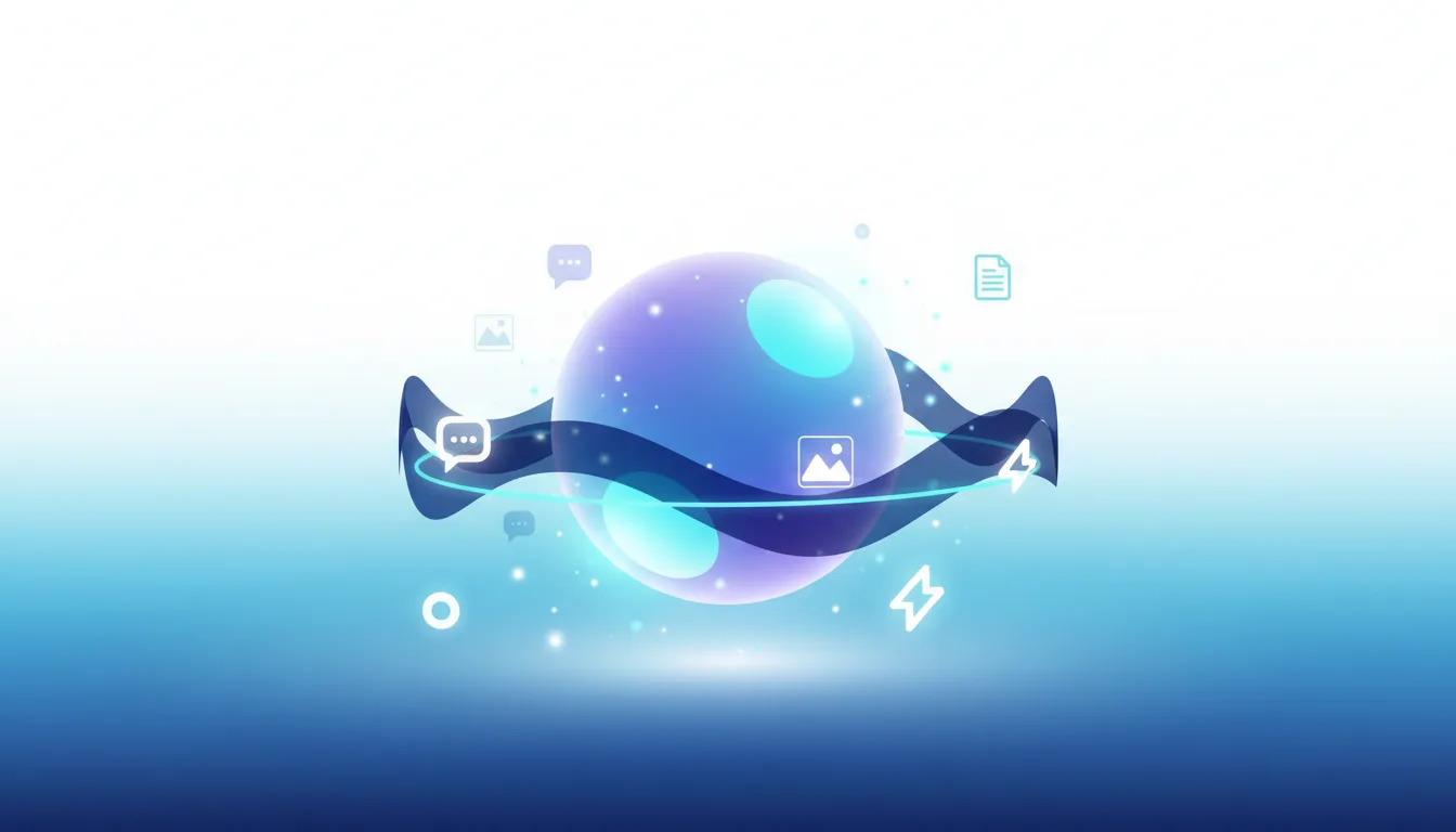 Abstract sphere with glowing elements and icons representing chat, images, and documents, symbolizing AI capabilities and data flow.