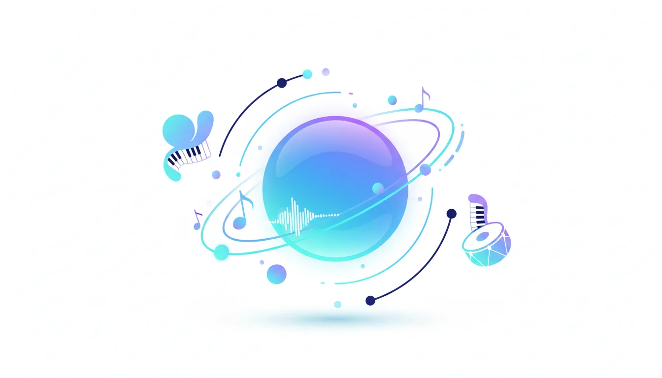 Abstract illustration of a glowing planet with musical notes, a waveform, a piano keyboard, and a drum, symbolizing AI music generation.
