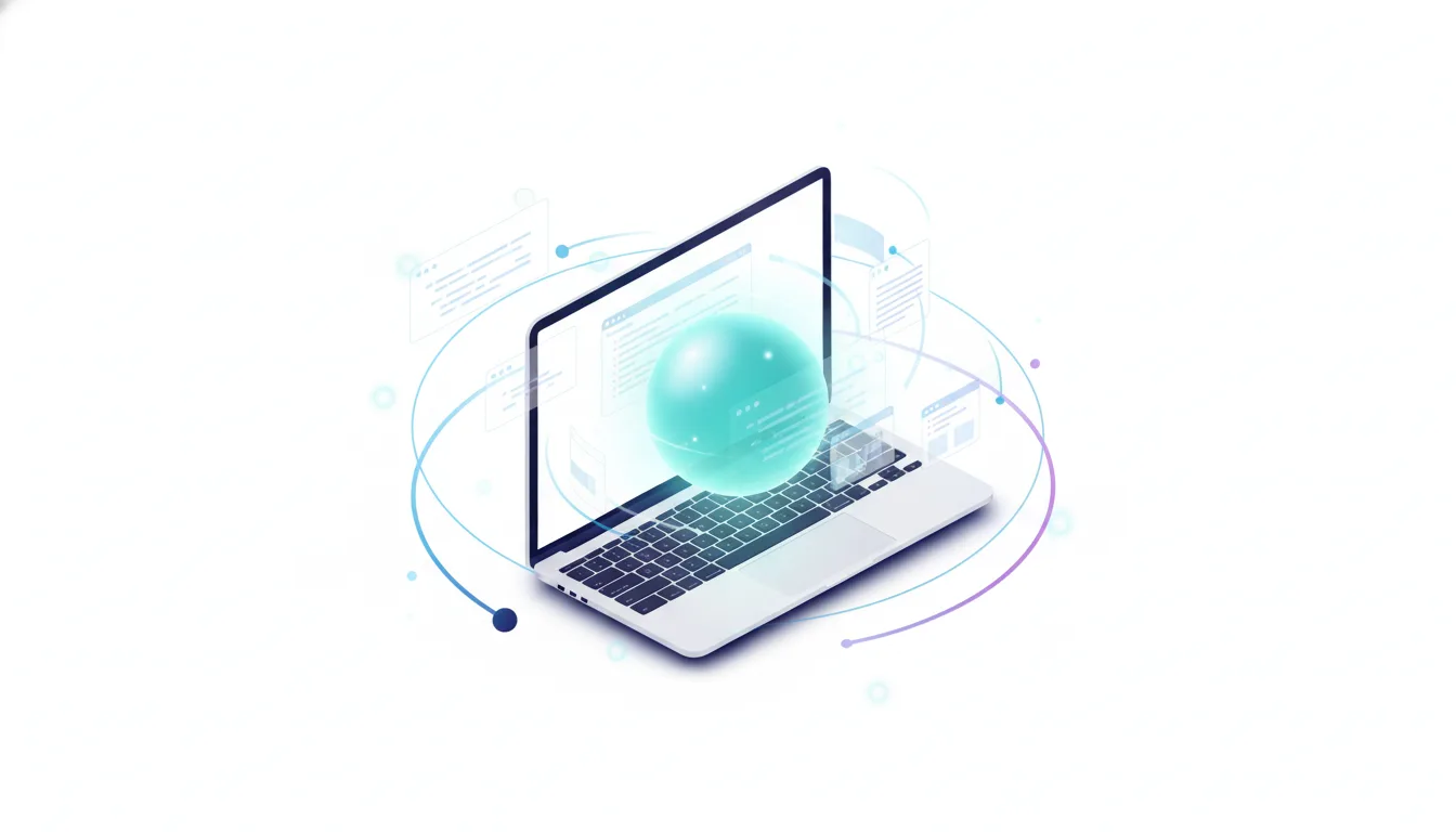 Isometric illustration of a laptop with a glowing orb and abstract data streams, representing AI integration and connectivity.