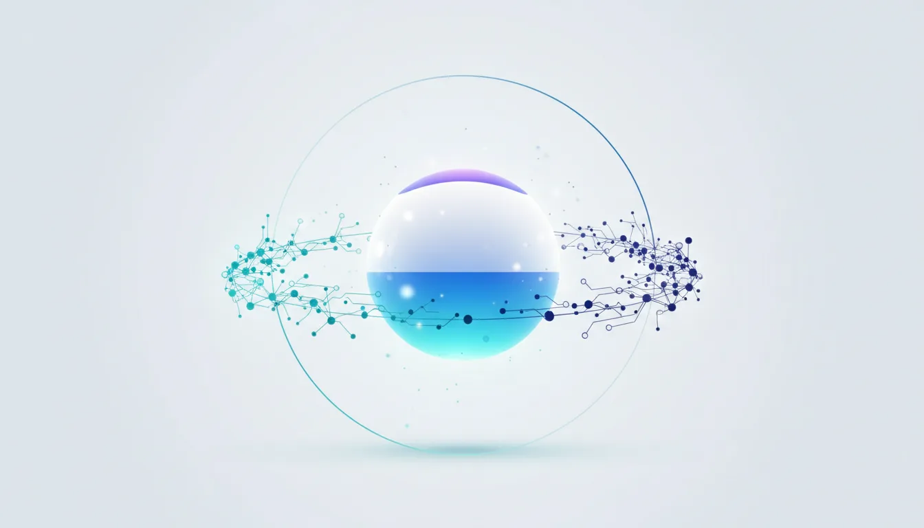 Abstract sphere with glowing blue and purple sections, connected by digital circuits, representing AI integration on macOS.