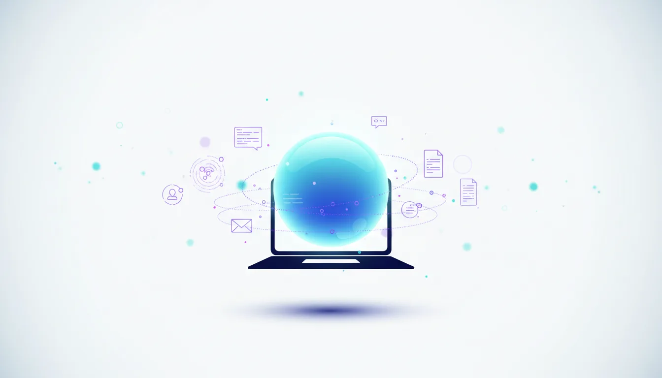 Abstract illustration of a laptop displaying a glowing blue sphere, surrounded by digital icons representing communication and data, symbolizing AI integration.