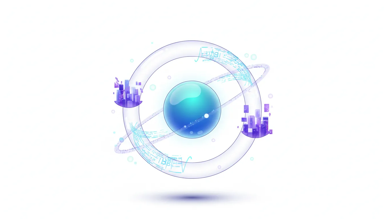 Abstract atom model with a glowing blue nucleus and orbiting rings displaying digital data and cityscapes, symbolizing AI integration.