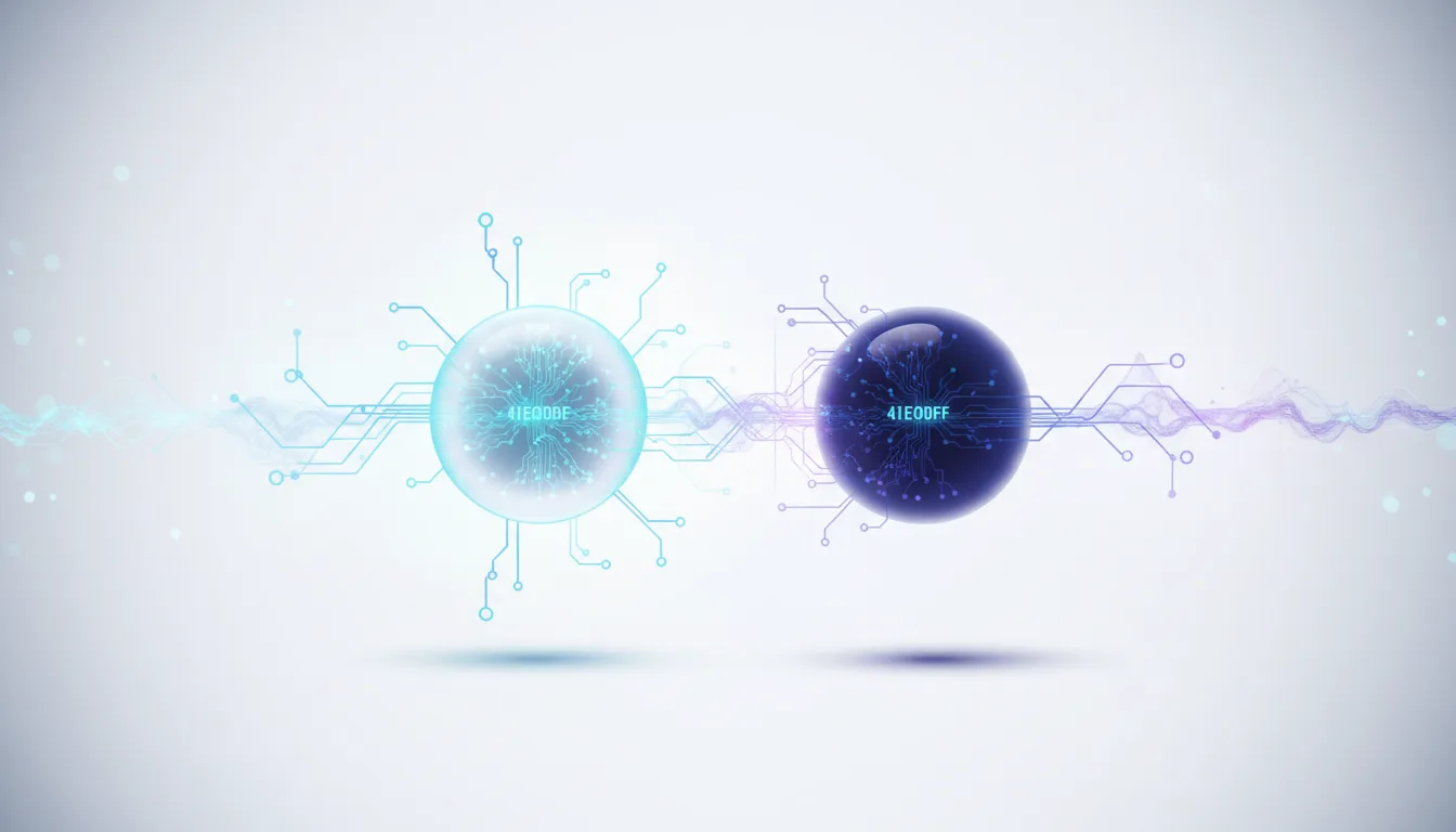 Abstract representation of AI model extraction, showing two glowing spheres connected by digital waves and circuitry.
