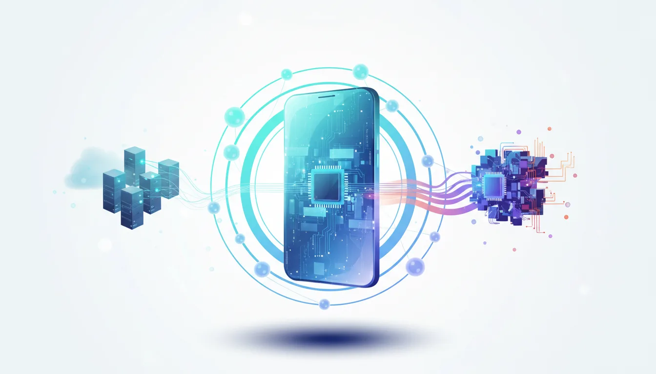 Abstract illustration of a smartphone with a central processor, connected to cloud servers on the left and a complex AI chip on the right.
